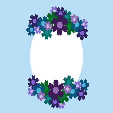 Colored simple flower bouquet on blue background. Frame with decoration. Card for wedding, birthday, holiday. Vector backdrop illustration.のイラスト素材