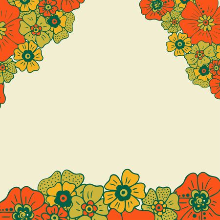Colored simple flower bouquet on color background. Frame with decoration. Card for wedding, birthday, holiday. Vector backdrop illustration.のイラスト素材