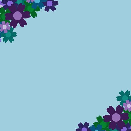 Colored simple flower bouquet on blue background. Frame with decoration. Card for wedding, birthday, holiday. Vector backdrop illustration.のイラスト素材