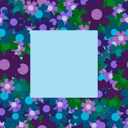 Colored simple flower bouquet on blue background. Frame with decoration. Card for wedding, birthday, holiday. Vector backdrop illustration.のイラスト素材