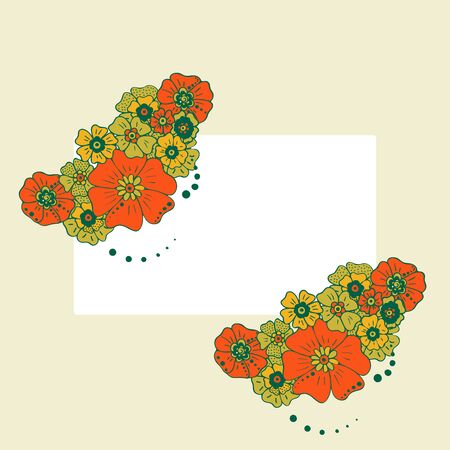 Colored simple flower bouquet on color background. Frame with decoration. Card for wedding, birthday, holiday. Vector backdrop illustration.のイラスト素材