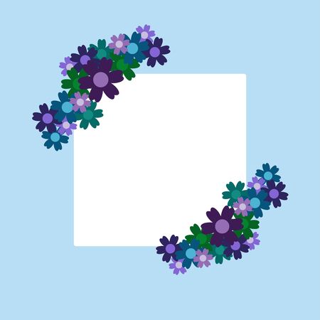 Colored simple flower bouquet on blue background. Frame with decoration. Card for wedding, birthday, holiday. Vector backdrop illustration.のイラスト素材