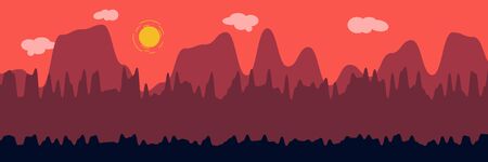 Mountains and Forest at night landscape flat vector illustration. Nature scenery with trees and hill peaks silhouettes on horizon. Scene cartoon background. Flat concept. Website template. UI design.のイラスト素材