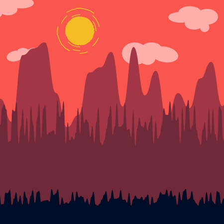 Mountains and Forest at night landscape flat vector illustration. Nature scenery with trees and hill peaks silhouettes on horizon. Scene cartoon background. Flat concept. Website template. UI design.のイラスト素材
