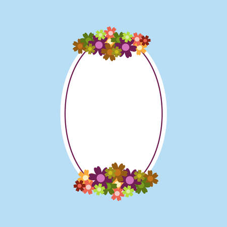 Colored simple flower bouquet on blue background. Frame with decoration. Card for wedding, birthday, holiday. Vector backdrop illustration.のイラスト素材