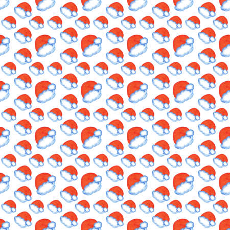 Hand Drawn Christmas Seamless Pattern with Santa Hat. Winter Background Drawn by Color Pencil. Decorative backdrop for fabric, textile, wrapping paper, card, invitation, wallpaper, web design.の写真素材