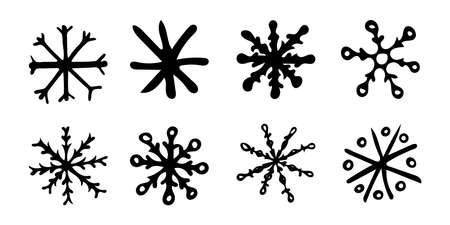 Hand drawn black and white doodle sketch snowflakes set.のイラスト素材