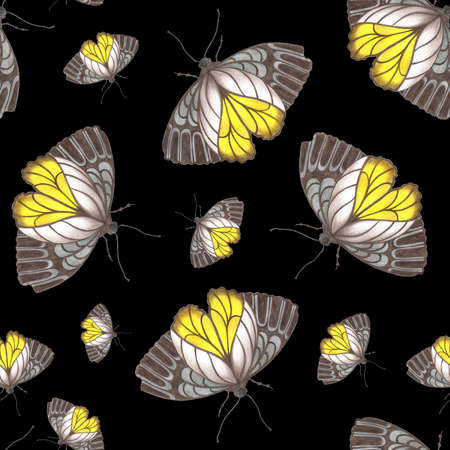 Hand-Drawn Seamless Pattern of Gray and Yellow Colored Butterflies of Various Sizes on Black Backdrop.の写真素材