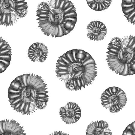 Steampunk Sunflower of Various Sizes on White Background. Seamless Pattern with Steampunk Sunflower.の写真素材