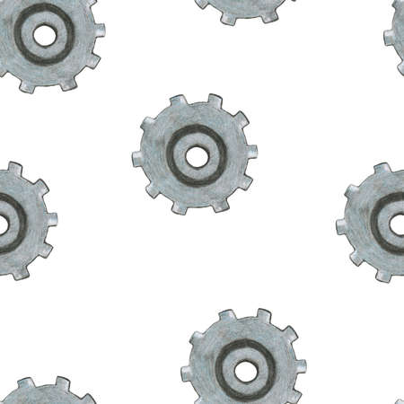 Hand-Drawn Steampunk Gear Transmission Element Seamless Pattern on White Background. Digital Paper with Metal Gear Illustration Drawn by Colored Pencil.の写真素材