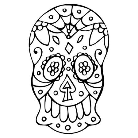 Black and White Traditional Mexican Hand Drawn Skull. Dia De Muertos Holiday Symbol In Sketch Style. Coloring Page,のイラスト素材