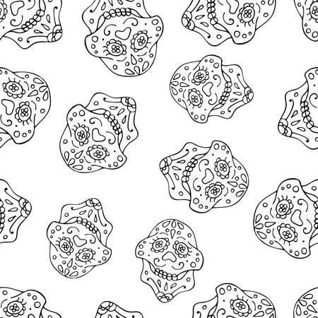 Black and White Seamless Pattern with Traditional Mexican Hand Drawn Skull. Dia De Muertos Holiday Symbol In Sketch Style.のイラスト素材