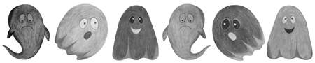 Set of Hand Drawn Halloween Ghosts Isolated on White Background.