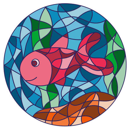 Illustration in stained glass style with abstract fish.のイラスト素材