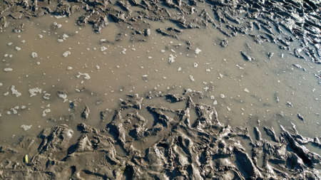 Footprint or imprint shoe in the mud.Mud texture or wet brown soil as natural organic clay and...