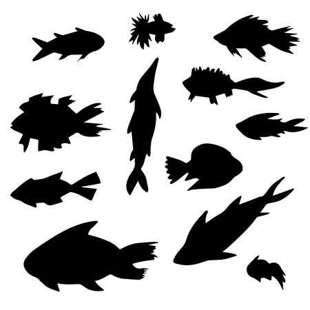 Set of Fish Silhouette. Fish Silhouette Collection. Elements Isolated on White Background.のイラスト素材