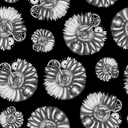 Hand-Drawn Steampunk Gear Transmission Element Digital Paper on Grunge Background.の写真素材