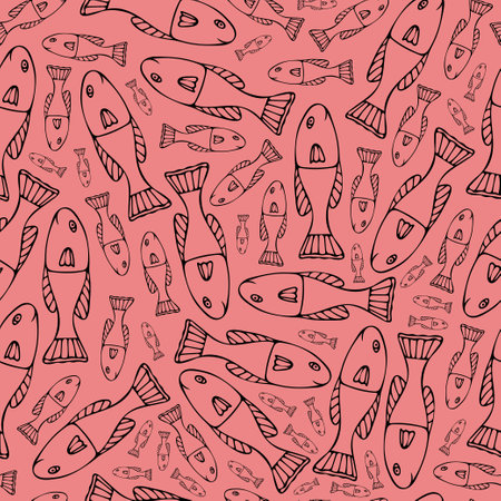 Seamless Pattern with Black Fish on Red Background.のイラスト素材