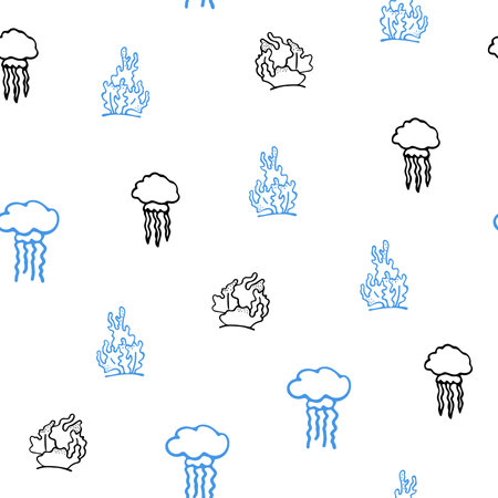 Small Fishes Seamless Pattern. Background with Hand Drawn Doodle Cute Jelly Fish and Coral.の写真素材