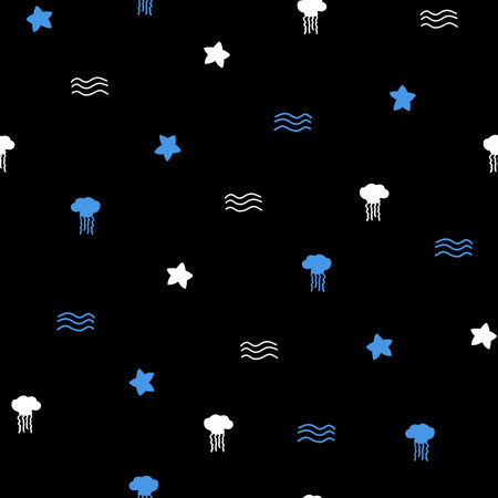 Small Fishes Seamless Pattern. Background with Hand Drawn Doodle Cute Jelly Fish, Sea Star and Sea Waves.の写真素材