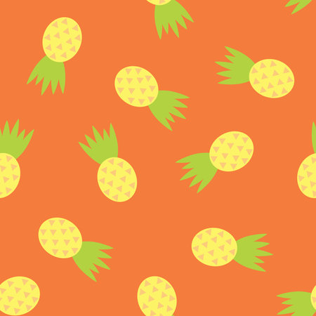 Yellow Pineapple Fruits Digital Paper. Pineapples on Orange Background.の写真素材