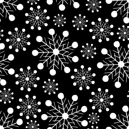Black and White Seamless Pattern with Hand Drawn Snowflakes. Digital Paper with Snowflakes Drawn by Colored Pencils. Winter Seamless Background for Christmas, New Year, Xmas.の写真素材