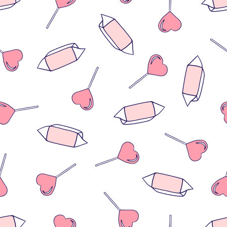 Sweet Candy Background Valentines Day Design. Cute Candies Illustrations for Greeting Cards, Gift Wrap, Fabric Print.の写真素材