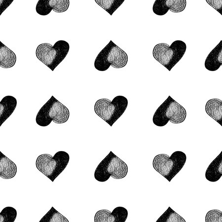 Seamless Pattern with Hearts. Hand Drawn Valentines Background. Black Hearts on White Background....