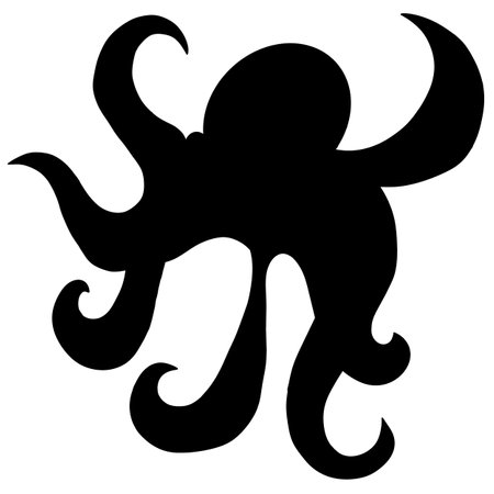 Octopus with Tentacles Silhouette Isolated on White Background. Octopus Cartoon Logo. Underwater Devilfish Silhouette Logo. Giant Predator Beast Drawn by Dark Ink in Retro Cartoon Style.の写真素材