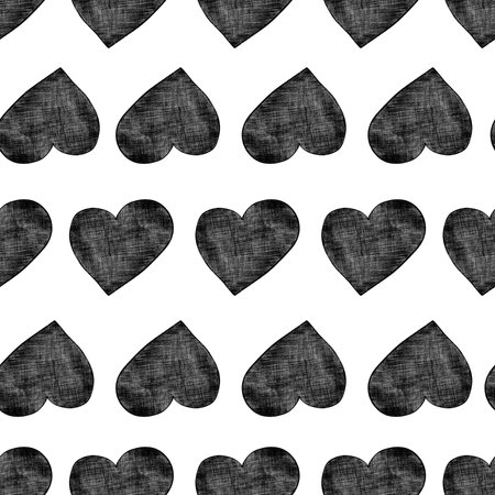 Seamless Pattern with Hearts. Hand Drawn Valentines Background. Black Hearts on White Background. Digital Paper Drawn by Colored Pencils.の写真素材