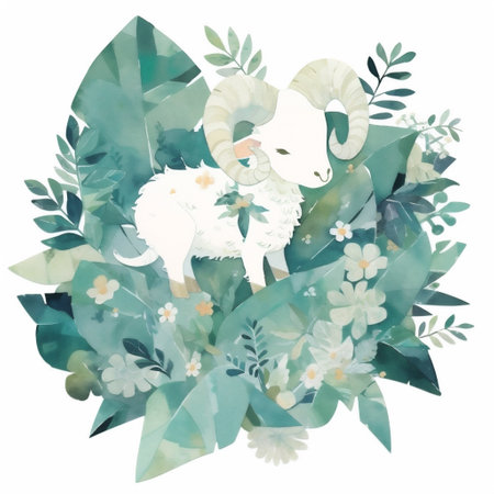 Cute Sheep in Tropical Leaves. Illustration of Ram in Pastel Colors.の素材
