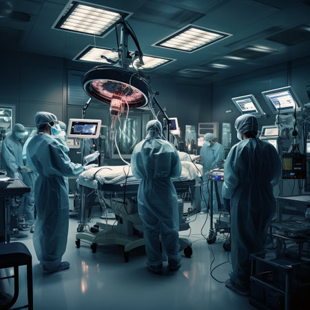 Team of surgeons performing an operation in a modern hospital operating roomの素材