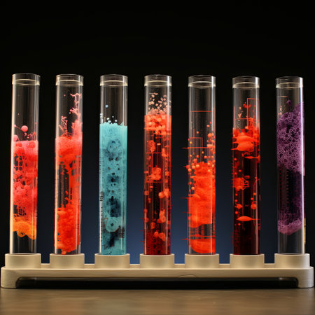 Laboratory glassware with colorful liquids on tableの素材