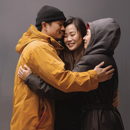 Diverse group of three happy friends hugging outdoors under a spotlightの素材