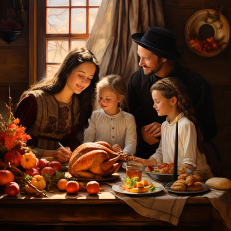 Family gathered around a table with a roasted turkey for Thanksgiving dinnerの素材