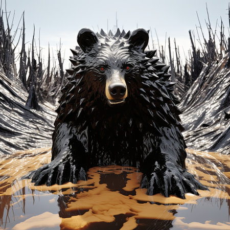 Eerie Encounter Black Bear Roaming Through the Mysterious and Murky Swampの素材