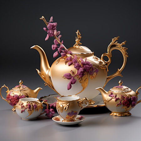 Elegant antique porcelain coffee and tea set with pink flowers, perfect for vintage tea partiesの素材