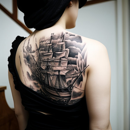 Black and white tall ship tattoo with stormy clouds on woman s back, a masterpiece.の素材