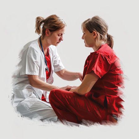 Female doctors in white and orange uniforms checking blood pressureの素材