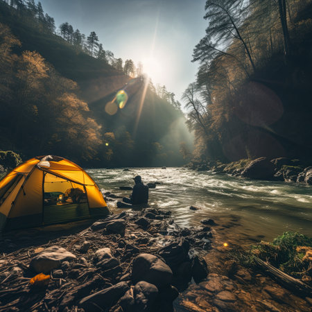 Serene camping experience by the peaceful river with morning sunlight filtering through the treesの素材