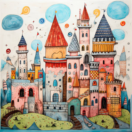 Whimsical illustration of a fairytale castle with bright colors and intricate detailsの素材