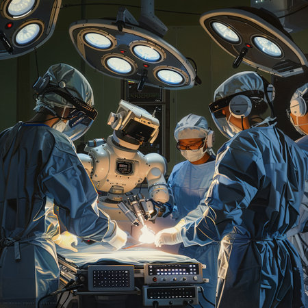 Surgeons using a robot in operating room to perform surgery, with computer and medical instruments.の素材