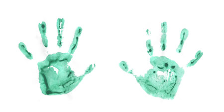 Watercolor, Acrylic Green kids Handprints Isolated on White Background. Isolated Children, Adult Palm Print.の写真素材