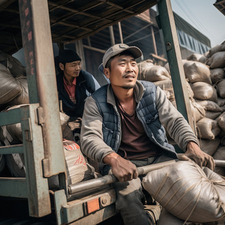 Two Asian men sitting on a truck filled with sacks in a busy city street with buildings and shopsの素材