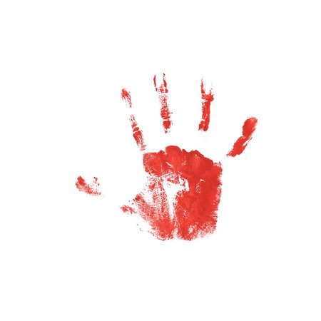 Watercolor, Acrylic Red kids Handprint Isolated on White Background. Isolated Children, Adult Palm Print. Kids Hand Print Crafts.の写真素材