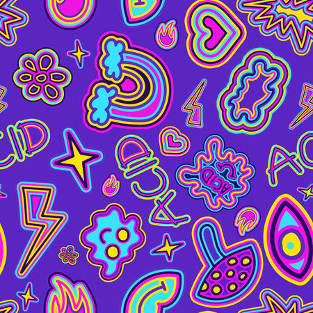 A seamless pattern with groovy hippie elements, flowers, and geometric shapes in bright colors on a blue background. Great for backgrounds, wrapping paper, and fabric.の写真素材