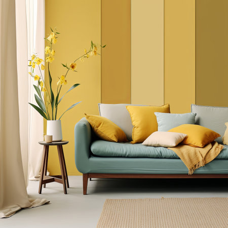 A cozy modern living room with a bright color palette and elegant furniture.の素材