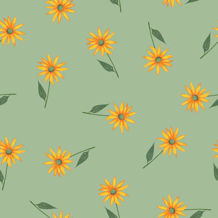 Topinambur Flower Seamless Pattern. Hand Drawn Floral Digital Paper on Light Green Background.