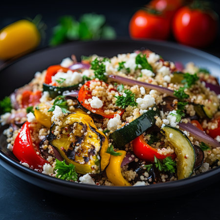 Single serving of quinoa salad with grilled vegetables and a sprinkle of feta cheese. The quinoa is fluffy and the vegetables are vibrant and colorful.の素材