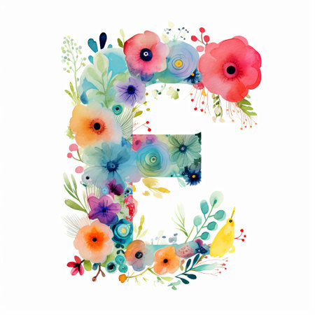 Illustration of the E typography, surrounded by colorful watercolor flowers. Pastel color palette, nursery art style, beautiful natural elements. Minimal and delicate, illustration for kids, vibrant colors, white background.の素材